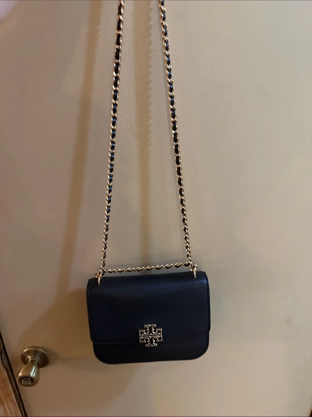 Tory Burch Black Pebbled Leather Crossbody with Gold Chain